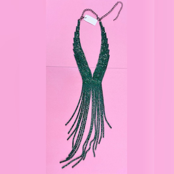 NWT NATASHA Crystal Rhinestone Waterfall Necklace Emerald Green - Picture 5 of 7